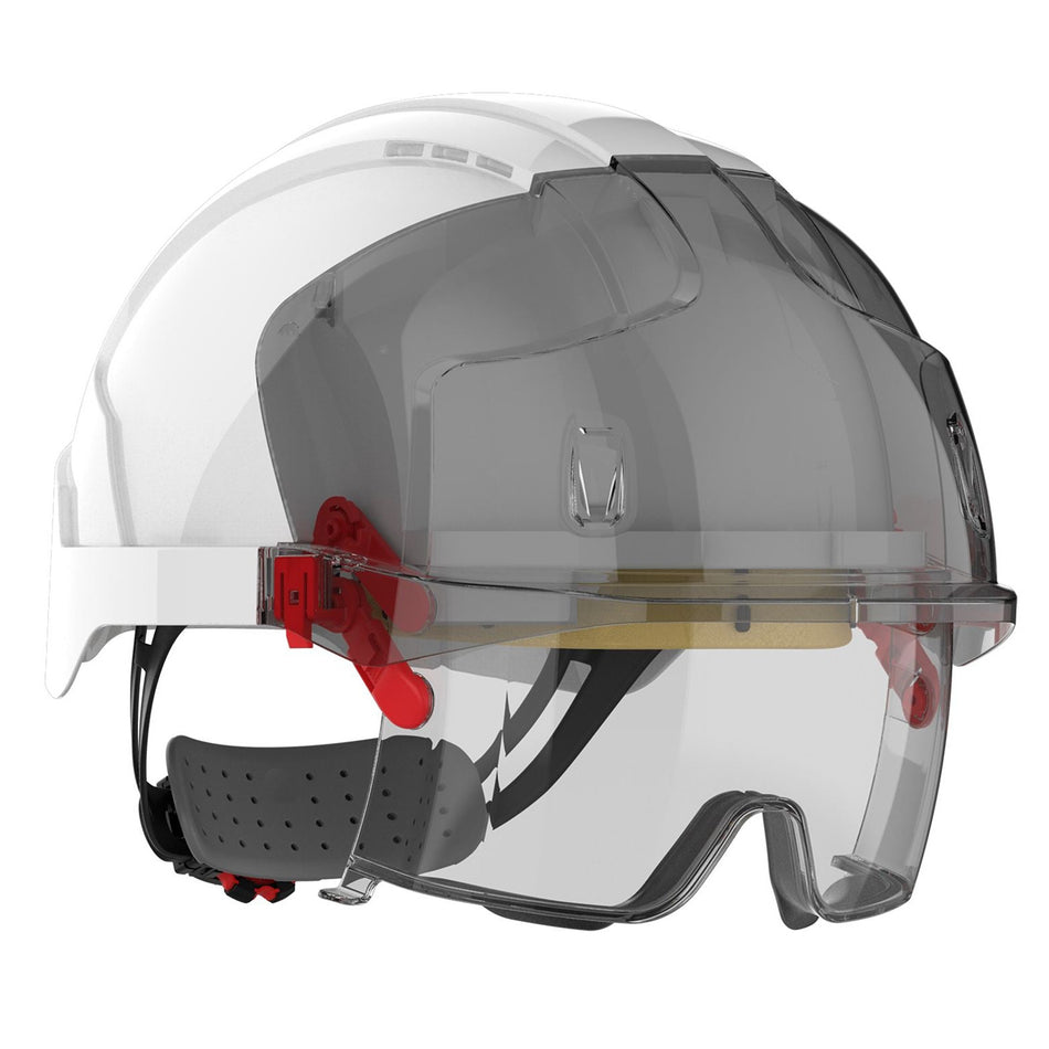 JSP Evo Vista Lens Non Vented White/Smoke Helmet - Wheel Ratchet - Clear Lens (AMA170-005-FAN) - Ace Workwear