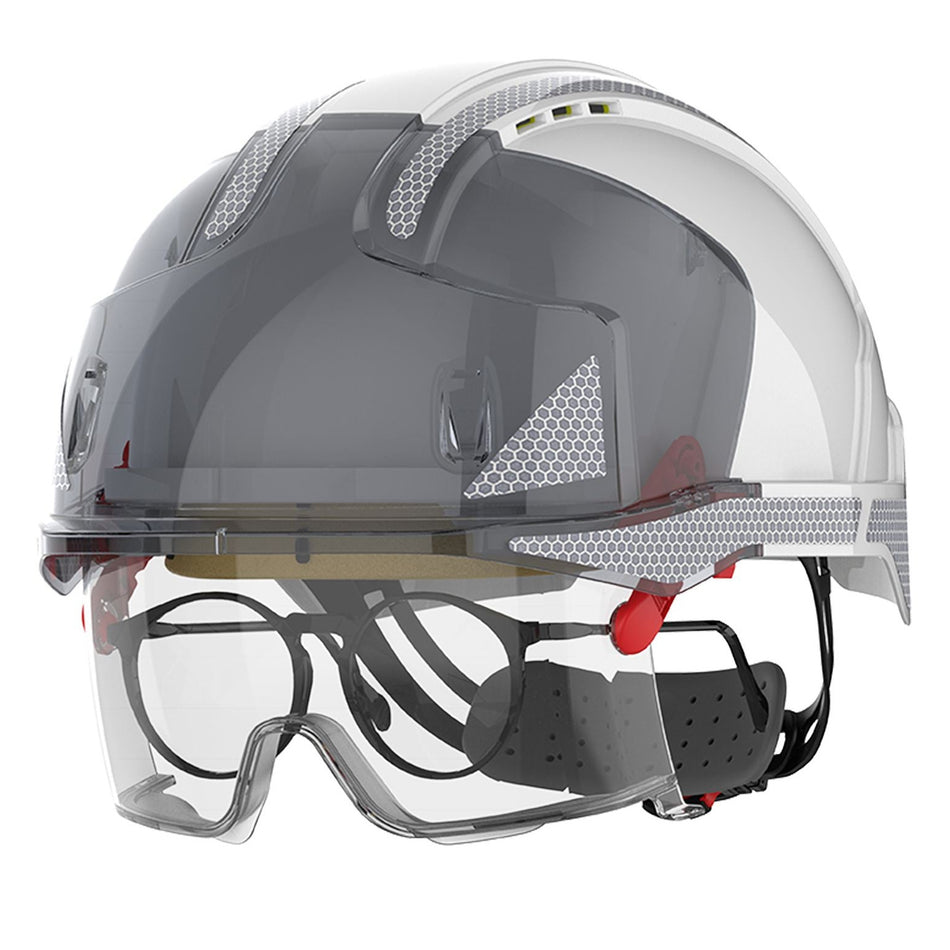 JSP Evo Vista Lens Non Vented White/Smoke Helmet - Wheel Ratchet - Clear Lens (AMA170-005-FAN) - Ace Workwear