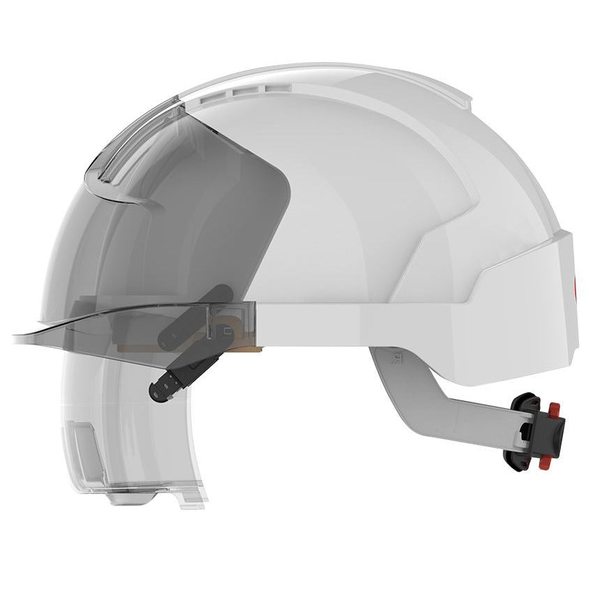 JSP Evo Vista Lens Non Vented White/Smoke Helmet - Wheel Ratchet - Clear Lens (AMA170-005-FAN) - Ace Workwear