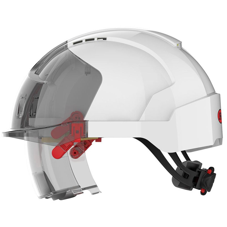 JSP Evo Vista Lens Vented White/Smoke Helmet - Wheel Ratchet - Clear Lens (AMB170-005-FAN) - Ace Workwear