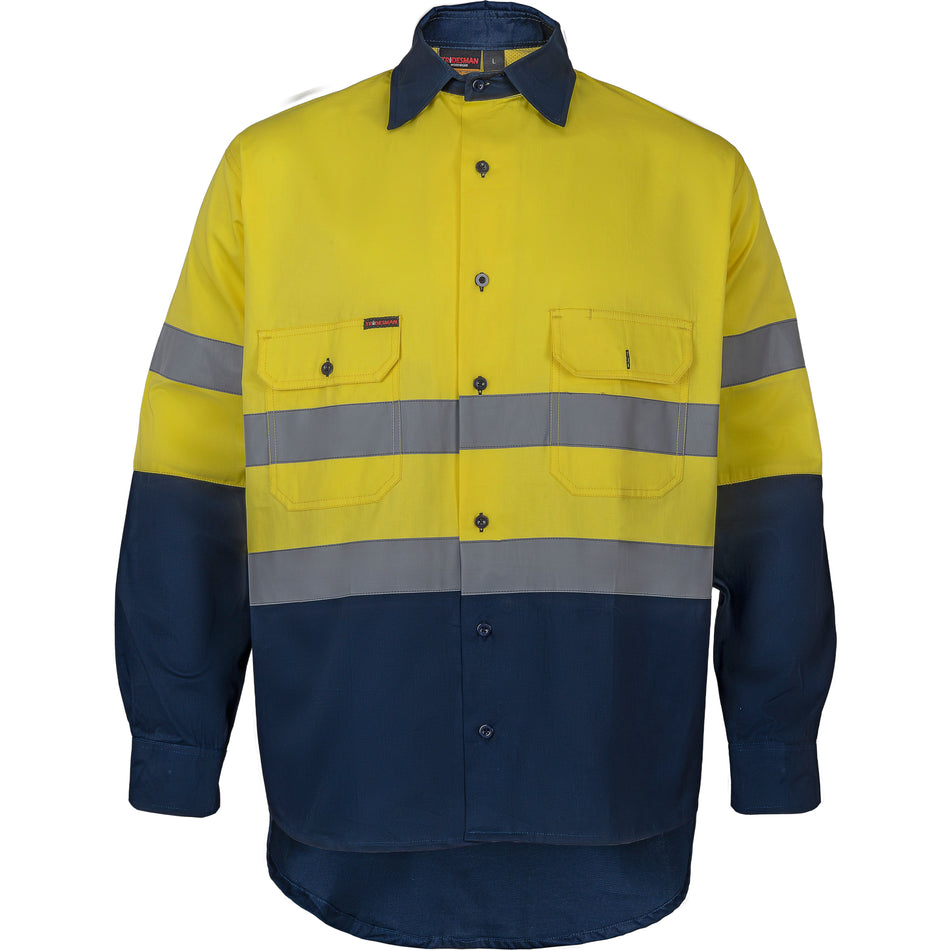 Tradesman Hi Vis Cotton Drill Long Sleeve Shirt With Reflective Tape (C93) - Ace Workwear