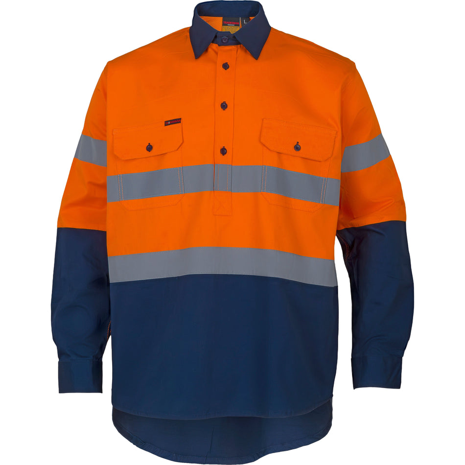 Tradesman Hi Vis Long Sleeve Closed Front Cotton Drill Shirt With Reflective Tape (CF74) - Ace Workwear