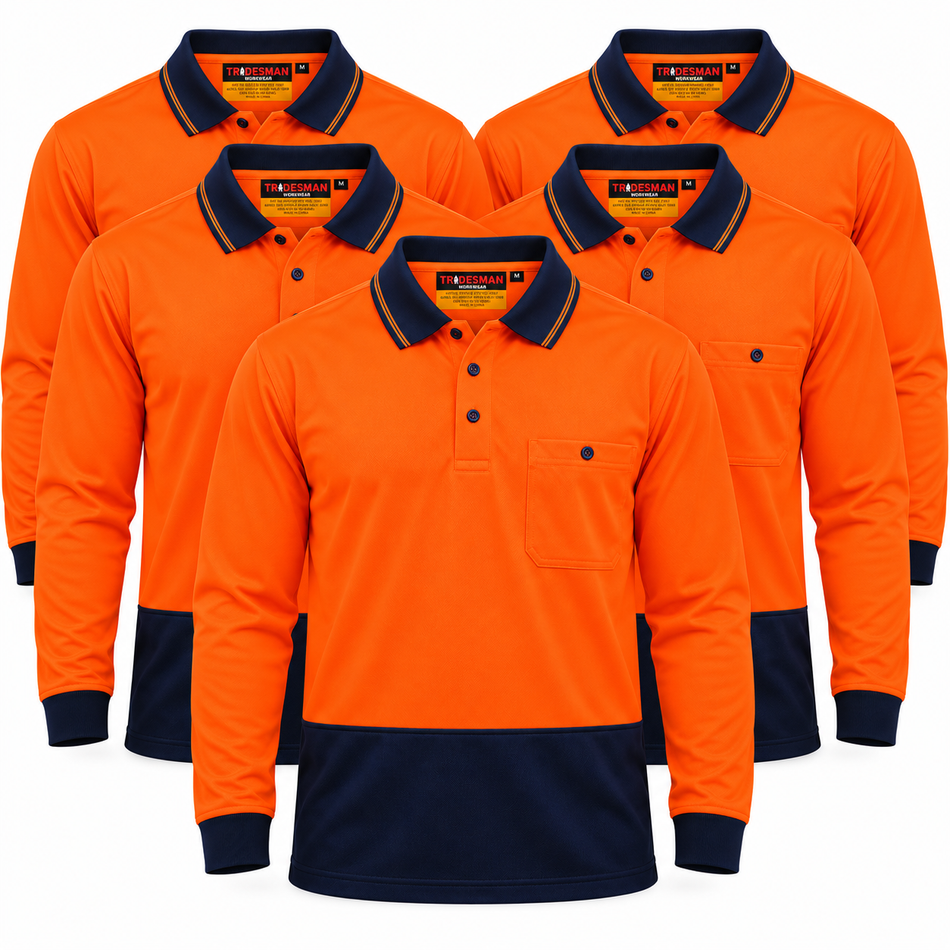 Tradies Value Pack - 5x Tradesman Hi Vis 100% Polyester Long Sleeve Polo (PS11)