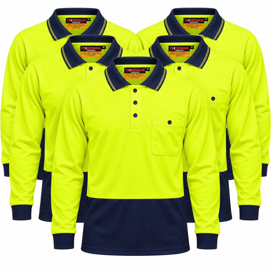 Tradies Value Pack - 5x Tradesman Hi Vis 100% Polyester Long Sleeve Polo (PS11)