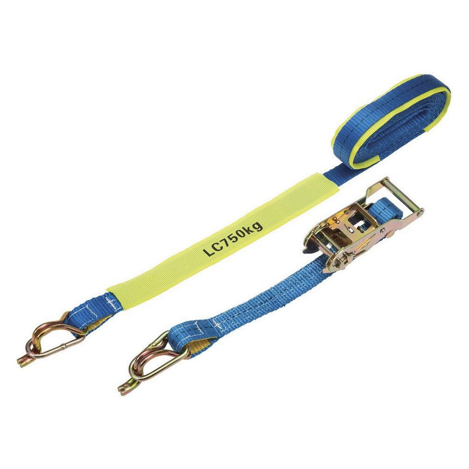 Blue and yellow ratchet strap with metal hooks on a white background, featuring Height Safety logo.