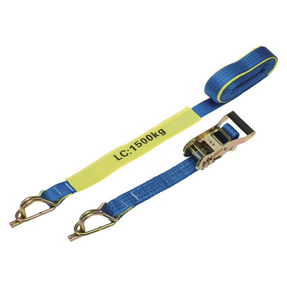 Ratchet strap with blue and yellow colors on a white background, featuring 'HEIGHT SAFETY' branding.