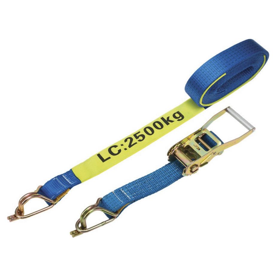 Ratchet strap with blue and yellow colors on a white background, featuring 'HEIGHT SAFETY' branding.