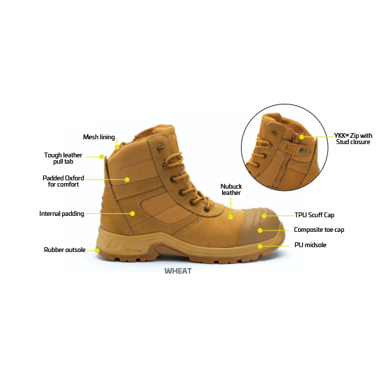M8 Workwear Cobber Wheat Zip Sided Lace Up Safety Boots (M8SF001)