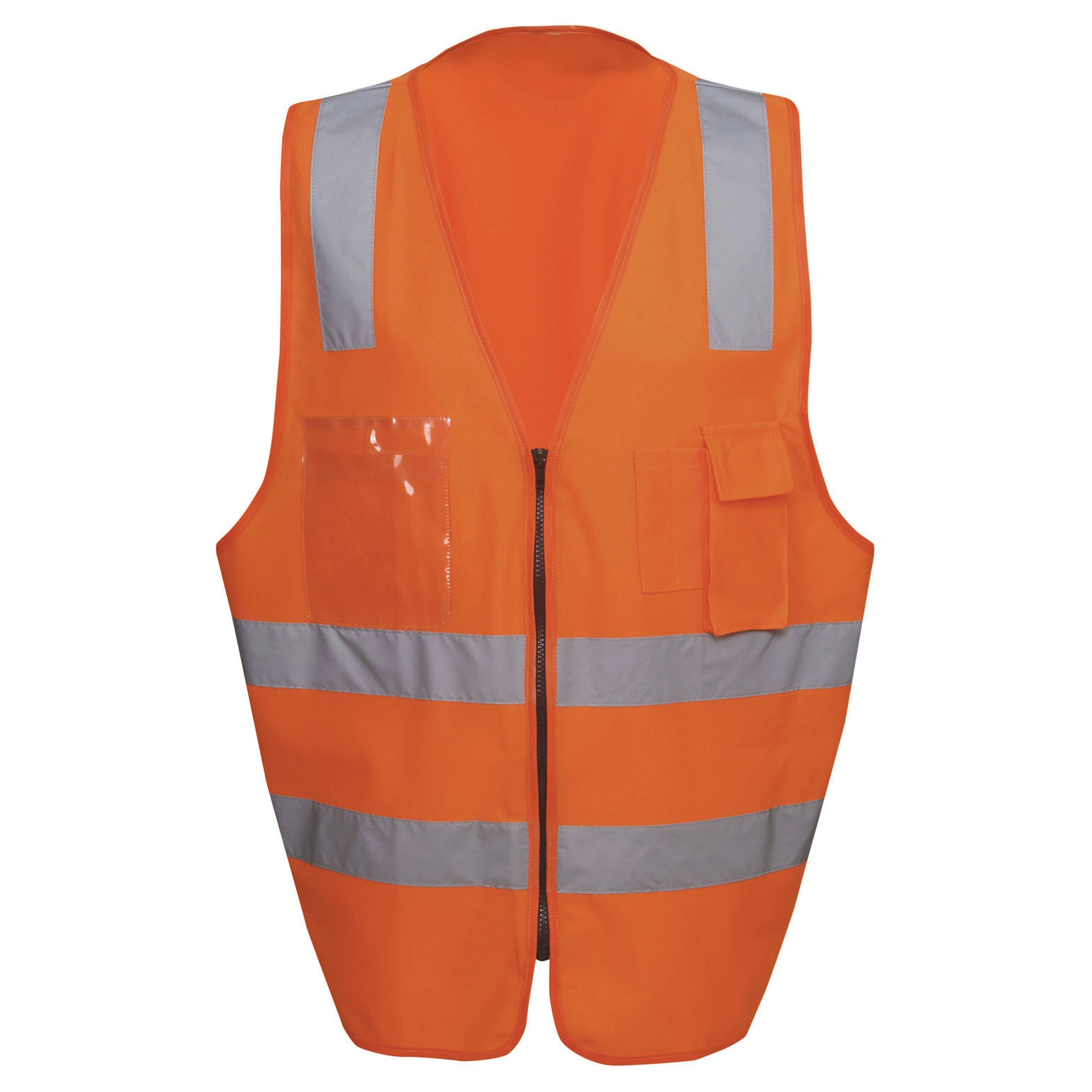 Orange safety vest with reflective stripes on a white background