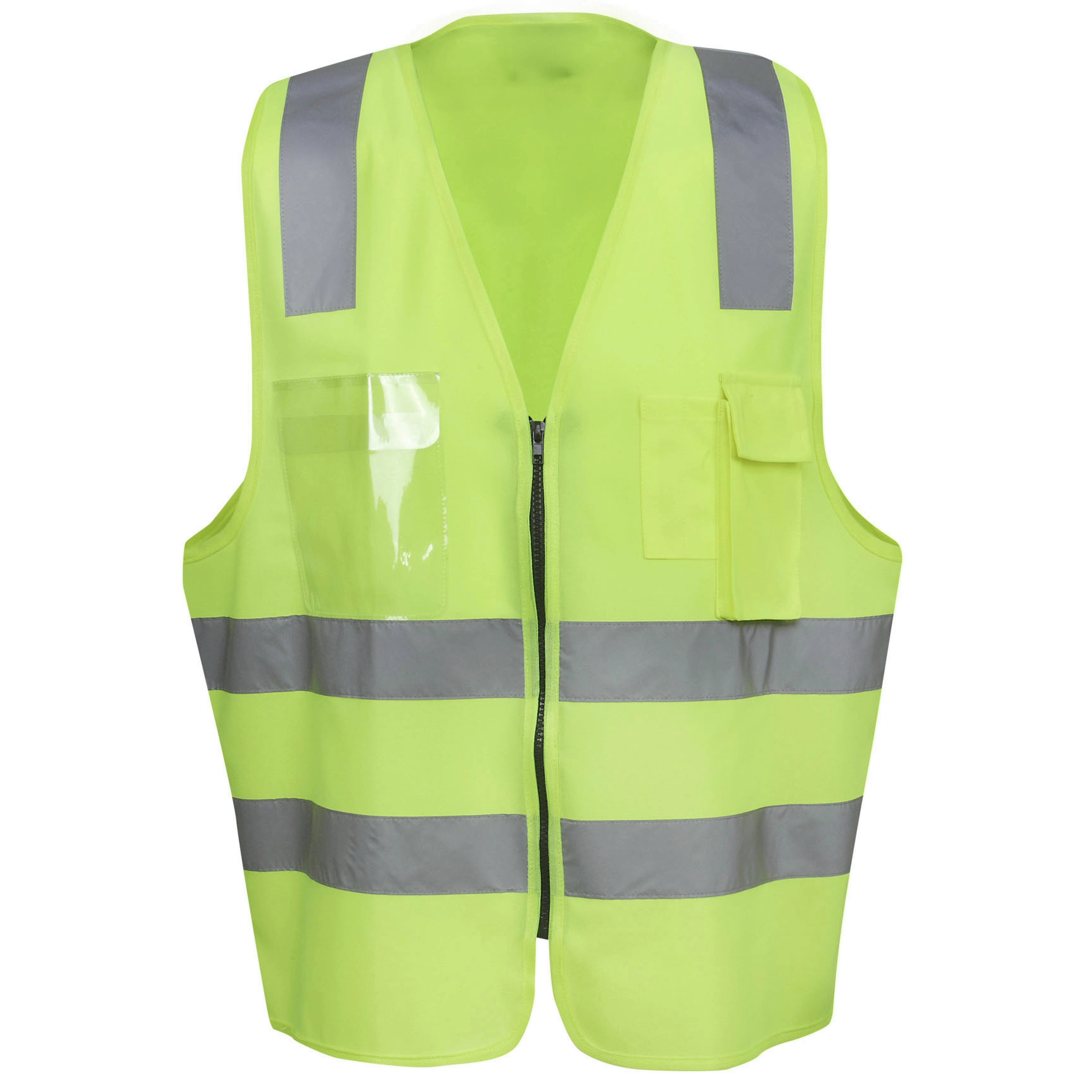 Yellow safety vest with reflective stripes on a white background