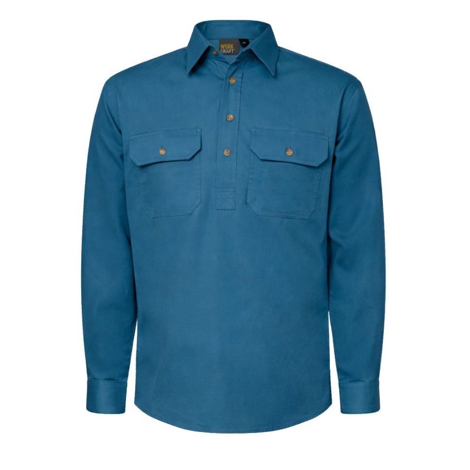 Workcraft Lightweight Long Sleeve Half Placket Cotton Drill Shirt With Contrast Buttons (WS3029) - Ace Workwear