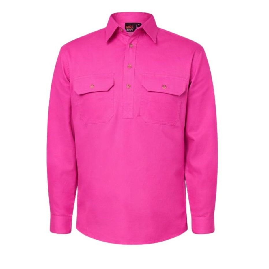 Workcraft Lightweight Long Sleeve Half Placket Cotton Drill Shirt With Contrast Buttons (WS3029) - Ace Workwear