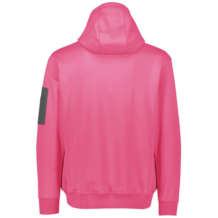 Pink hoodie with a gray patch on the sleeve against a white background
