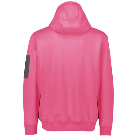 Pink hoodie with a gray patch on the sleeve against a white background