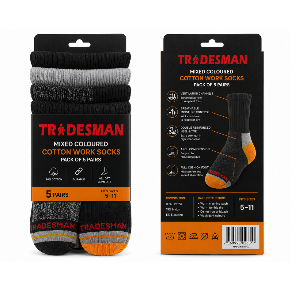 Tradesman Mixed Coloured Cotton Work Socks - Pack of 5 Pairs