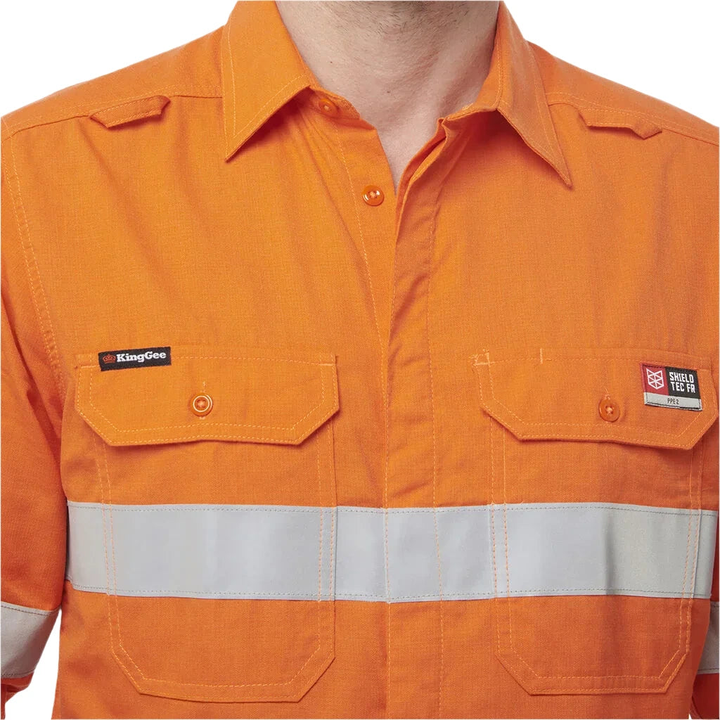 KingGee Shieldtec Lenzing FR Hi-Vis Spliced Open Front Taped Shirt (K84001) - Ace Workwear