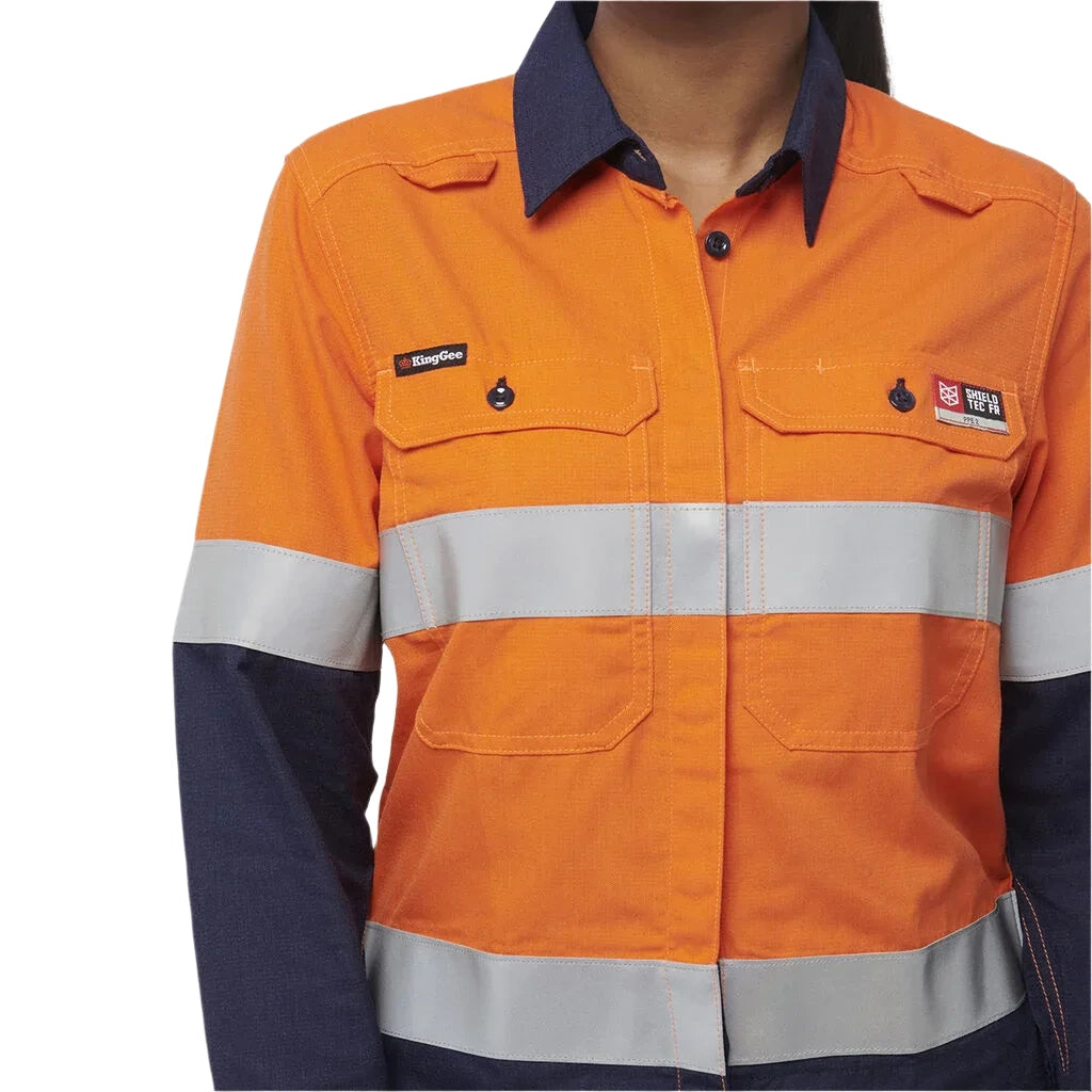 KingGee Women’s Shieldtec Lenzing FR Hi-Vis Spliced Open Front Taped Shirt (K84002) - Ace Workwear