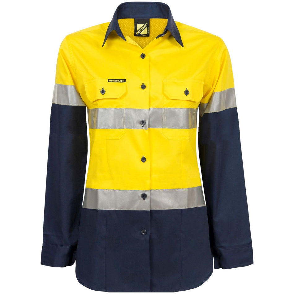 Workcraft Ladies Lightweight Hi Vis Long Sleeve Vented Reflective Cotton Drill Shirt With Tape (WSL501) - Ace Workwear