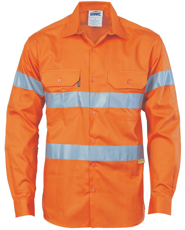 DNC Hi Vis Cool Breeze Cotton Shirt with 3M Reflective Tape Long sleeve (3885) Hi Vis Shirts With Tape DNC Workwear - Ace Workwear