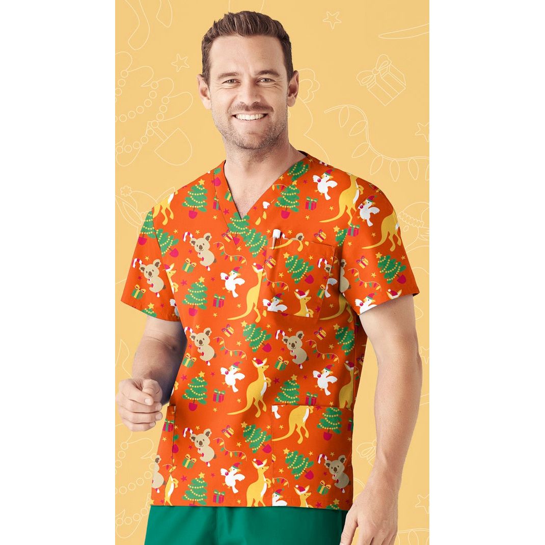 Biz Care Mens Christmas V-Neck Short Sleeve Scrub Top (CST346MS) - Ace Workwear