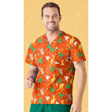 Biz Care Mens Christmas V-Neck Short Sleeve Scrub Top (CST346MS) - Ace Workwear