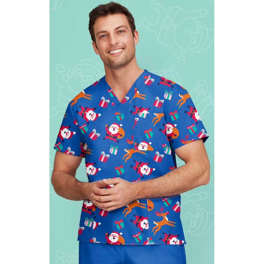 Biz Care Mens Christmas V-Neck Short Sleeve Scrub Top (CST346MS) - Ace Workwear