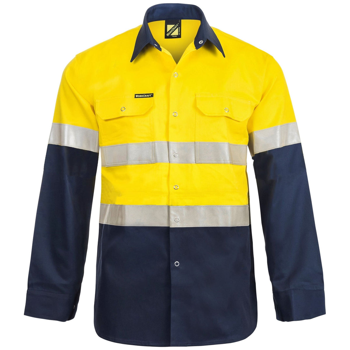 Workcraft Hi Vis Long Sleeve Cotton Drill Industrial Laungry Refletive Shirt With Press Studs (WS3072) - Ace Workwear