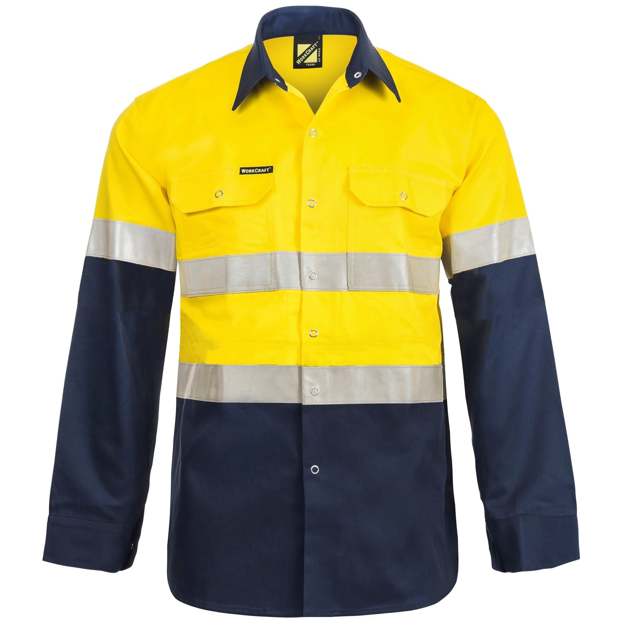 Workcraft Hi Vis Long Sleeve Cotton Drill Industrial Laungry Refletive Shirt With Press Studs (WS3072) - Ace Workwear